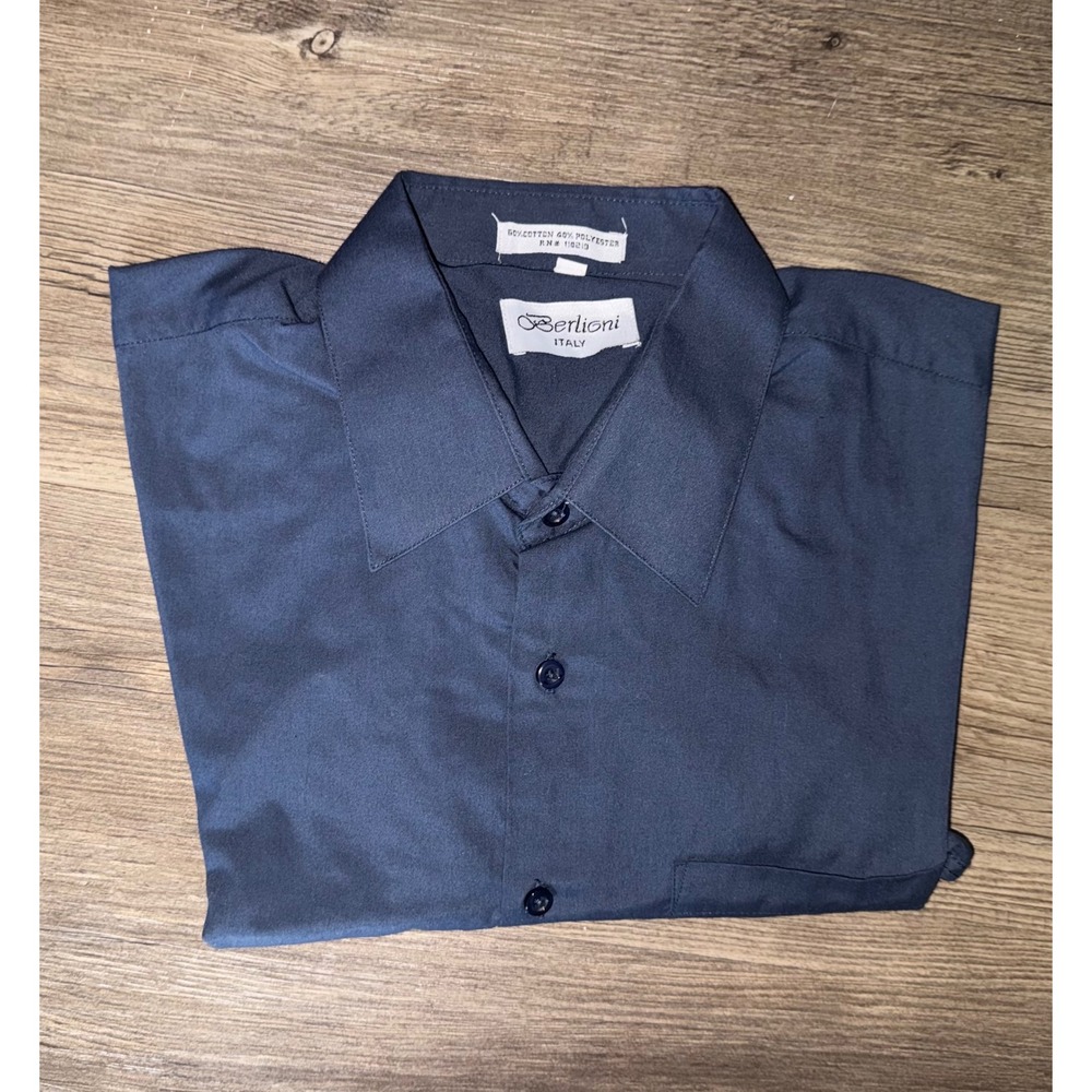 Berlioni Italy Mens Navy Blue Long Sleeve Dress Shirt L 16-16.5 32/33 Cotton